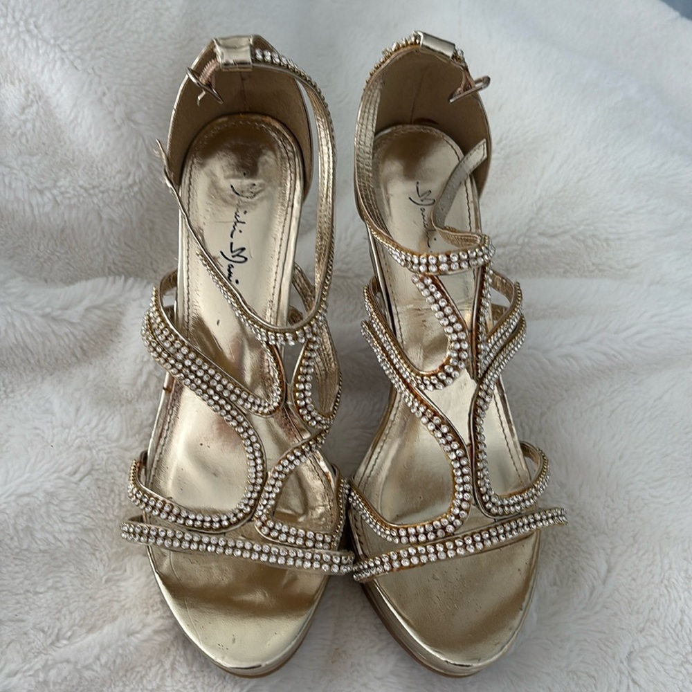 Gold rhinestone platform strappy heels size 8.5